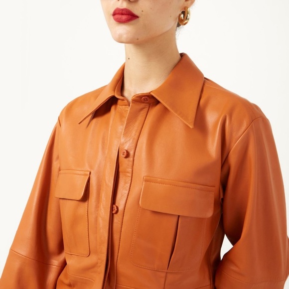 Equipment Ezekiel 100% Lamb Leather Shirt Jacket Womens 2 Tan Shacket NWT - Picture 4 of 11